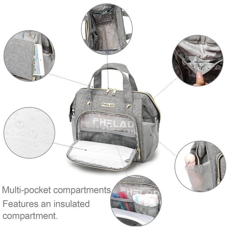 FHELAD 5 in 1 Small Diaper Bag Backpack, Diaper Bag Tote with Insulated Pockets (Gray) | 5 in 1 Diaper Bag, Short Trips & Daily - Image 4